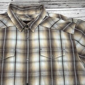 Prana Short Sleeve Plaid Shirt Snap Front Buttons Men's Size XL Brown Beige